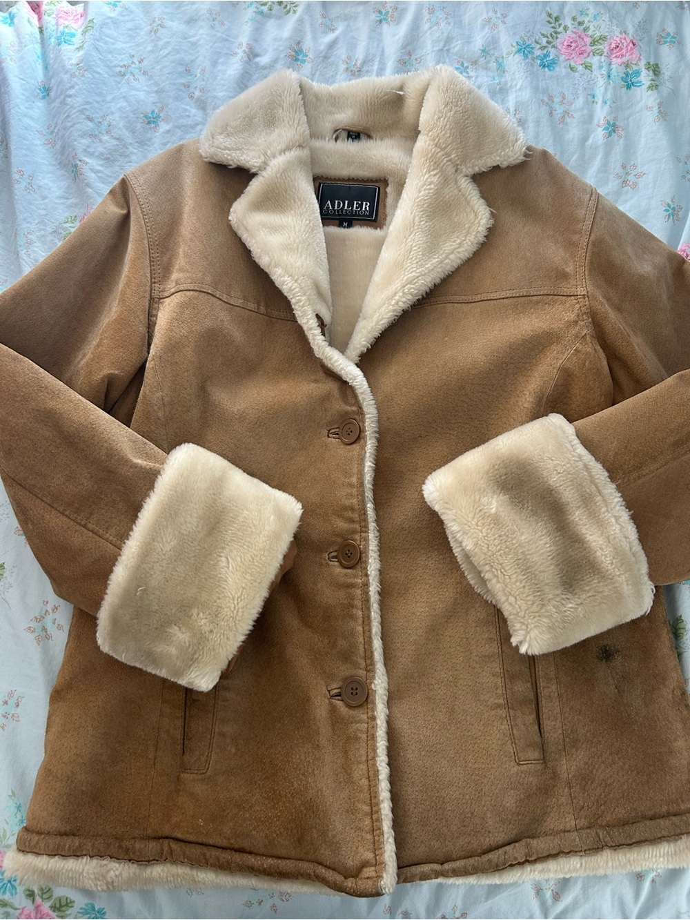 Women's Tan Shearling-Trim Coat Real Leather Vintage